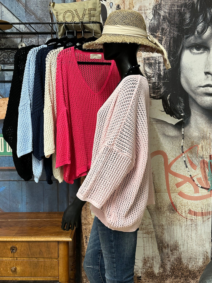 Oversize-Pullover aus durchbrochenem Strick, 100 % Baumwolle (Größen 40–46) MADE IN ITALY