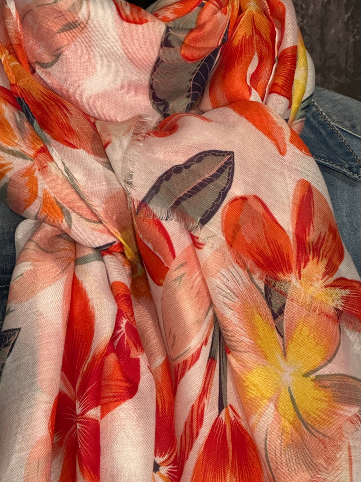 Foulard "fleurs" orange, jaune & blanc 100% naturel