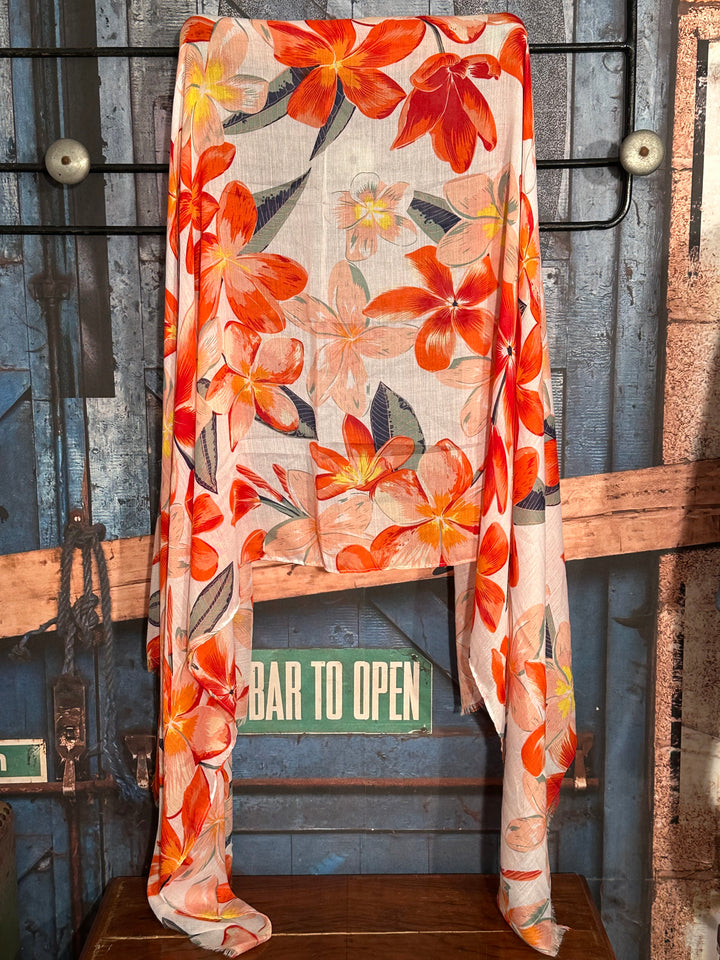 Foulard "fleurs" orange, jaune & blanc 100% naturel