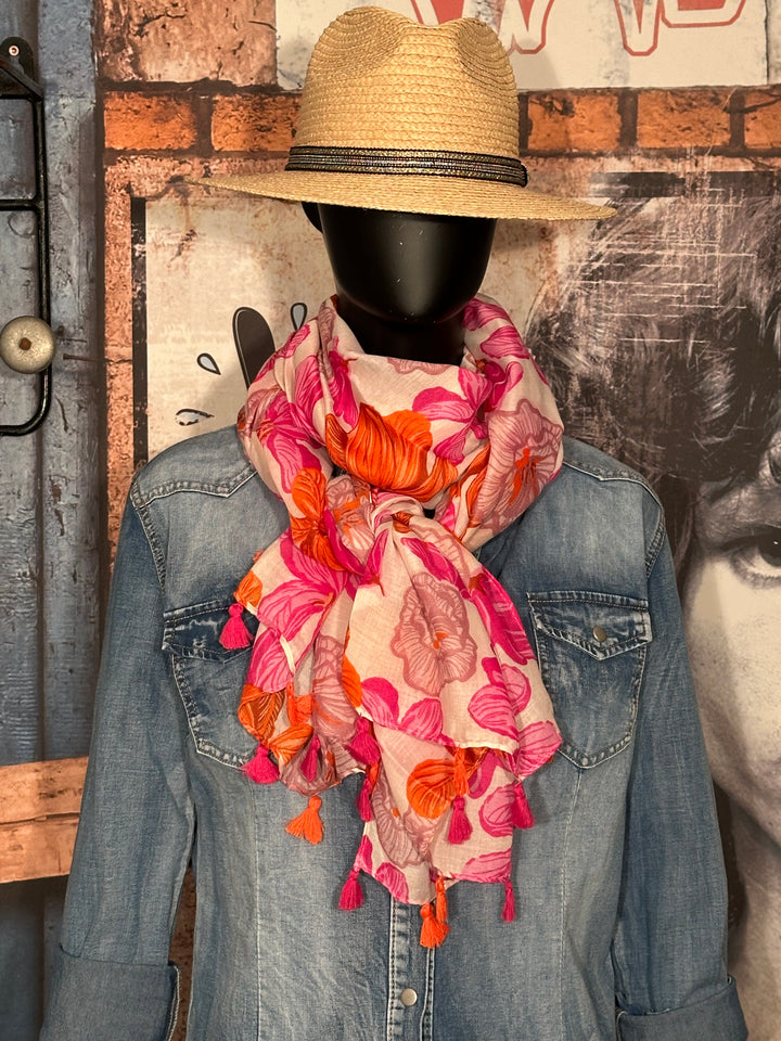 Foulard "fleurs de lys"  tons blanc, orange & fuchsia…. 100% naturel