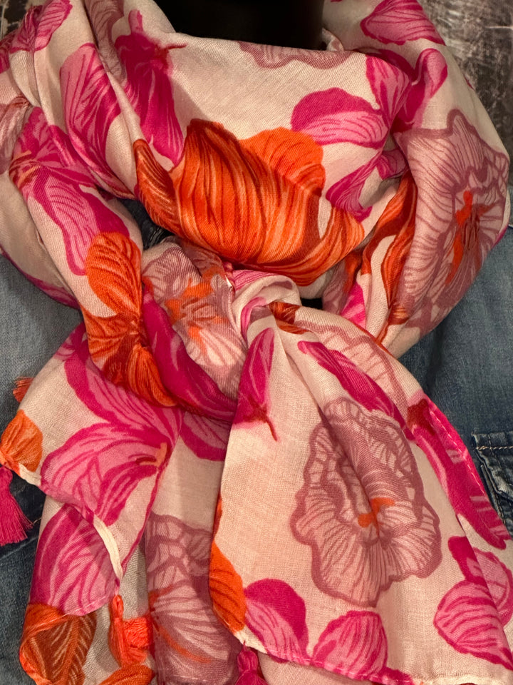 Foulard "fleurs de lys"  tons blanc, orange & fuchsia…. 100% naturel