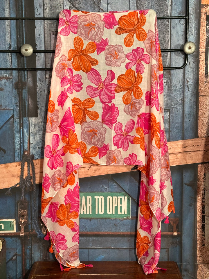Foulard "fleurs de lys"  tons blanc, orange & fuchsia…. 100% naturel