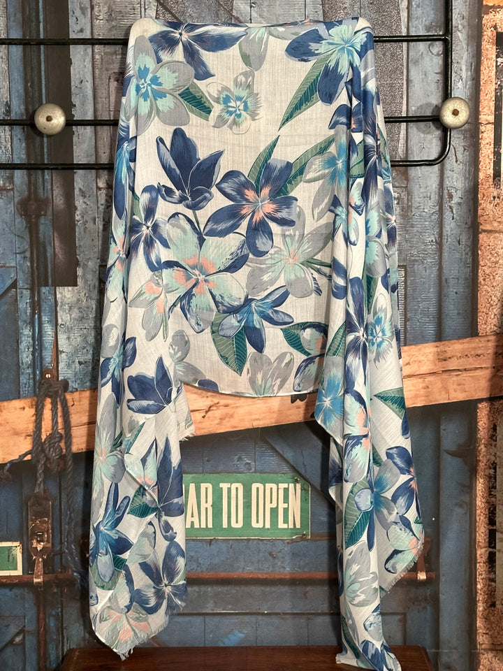 Foulard "fleurs" bleu, vert & blanc 100% naturel