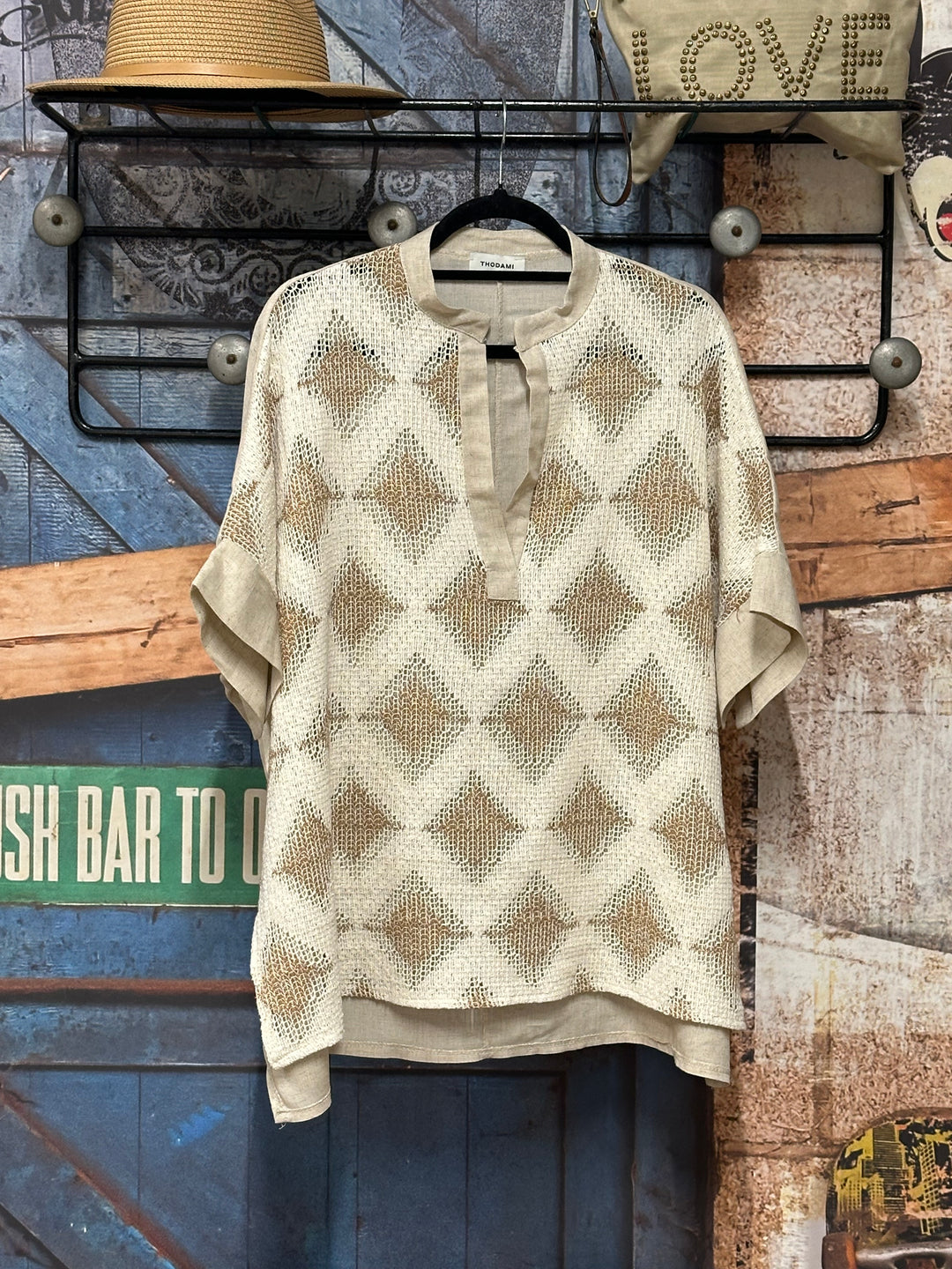 Tunika aus zwei Materialien im „Ethno“-Stil aus Leinen und Viskose (Größe 40/46) MADE IN ITALY