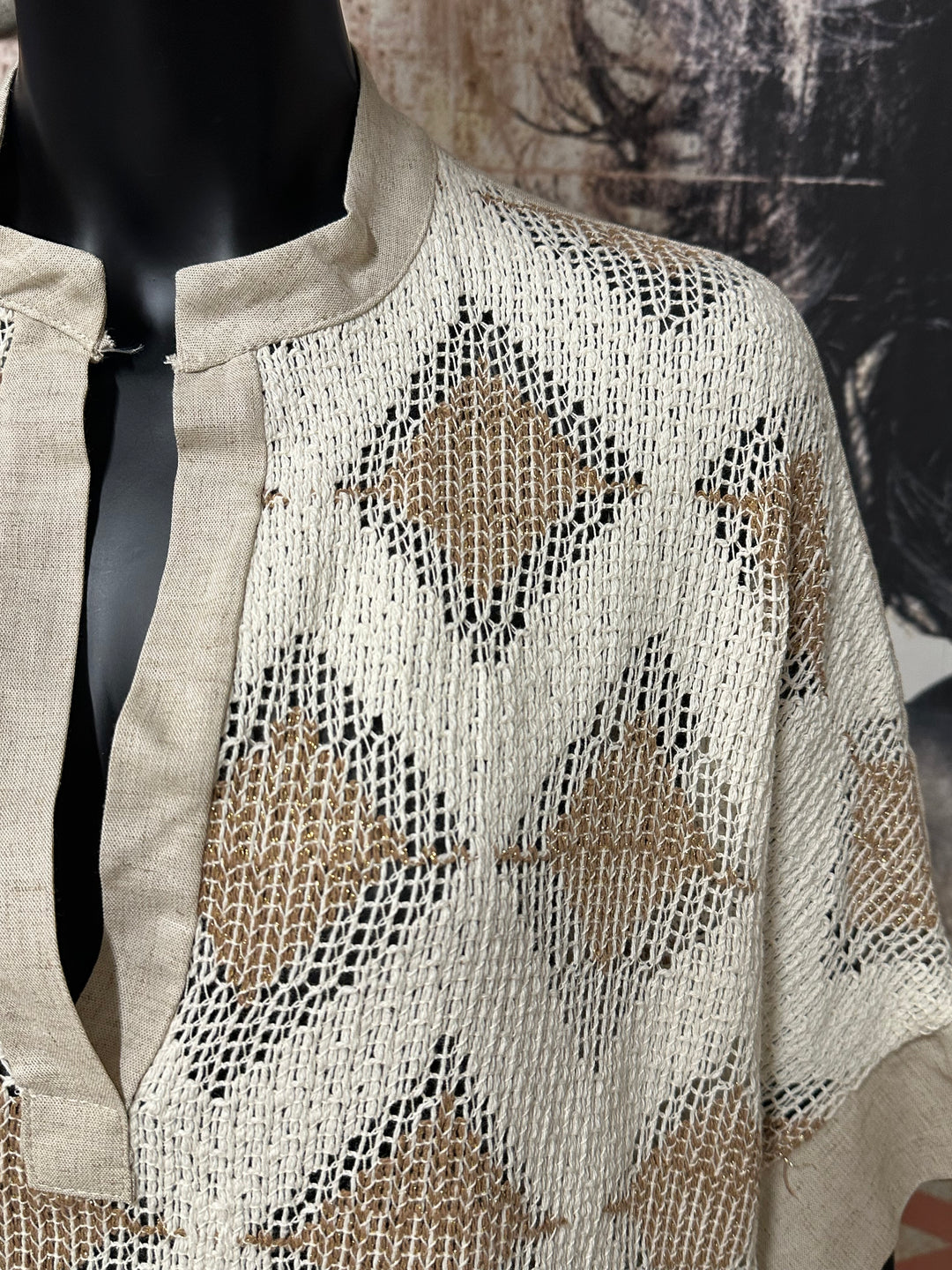 Tunika aus zwei Materialien im „Ethno“-Stil aus Leinen und Viskose (Größe 40/46) MADE IN ITALY