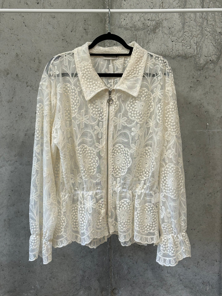 Leichte, transparente Jacke aus bestickter Spitze in Ecru (40/44) MADE IN ITALY