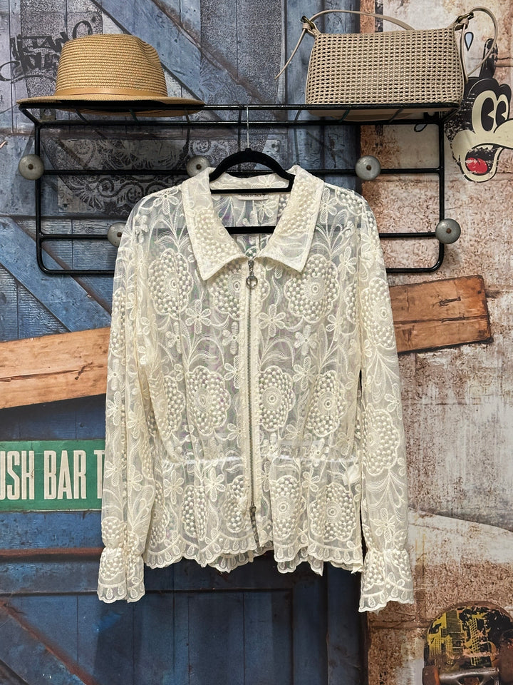 Leichte, transparente Jacke aus bestickter Spitze in Ecru (40/44) MADE IN ITALY