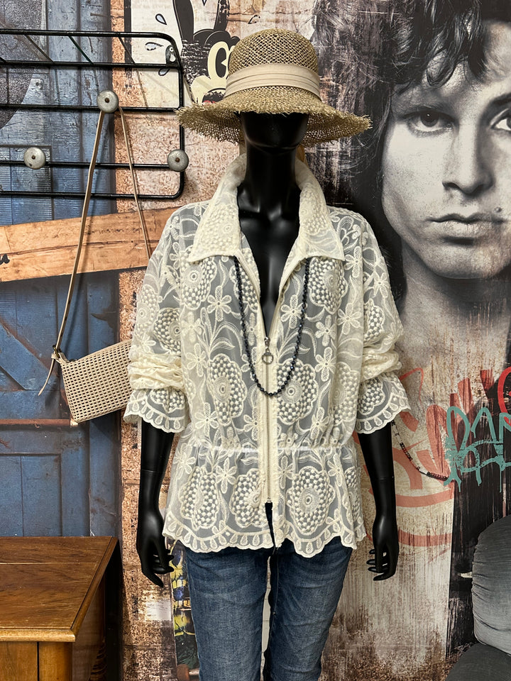 Leichte, transparente Jacke aus bestickter Spitze in Ecru (40/44) MADE IN ITALY