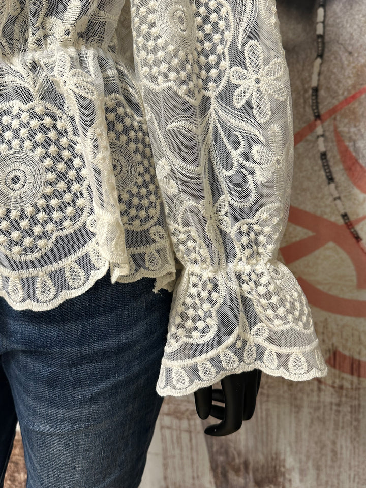 Leichte, transparente Jacke aus bestickter Spitze in Ecru (40/44) MADE IN ITALY