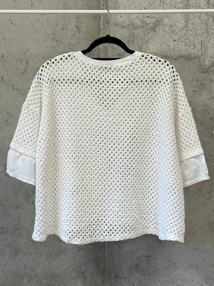Kurzärmeliger Pullover aus durchbrochenem Strick und weißem Baumwollvoile (38/42)  MADE IN ITALY