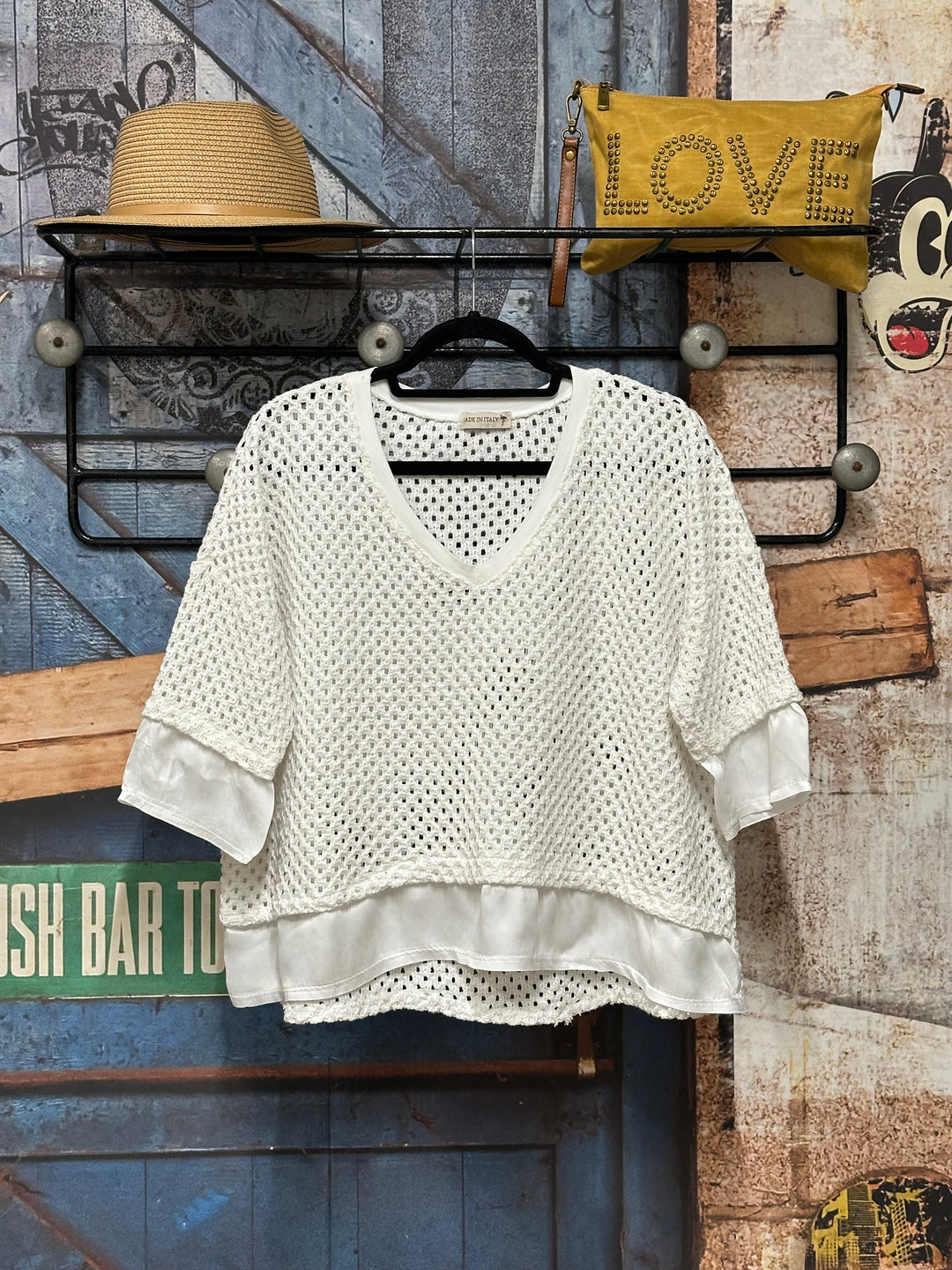 Kurzärmeliger Pullover aus durchbrochenem Strick und weißem Baumwollvoile (38/42)  MADE IN ITALY