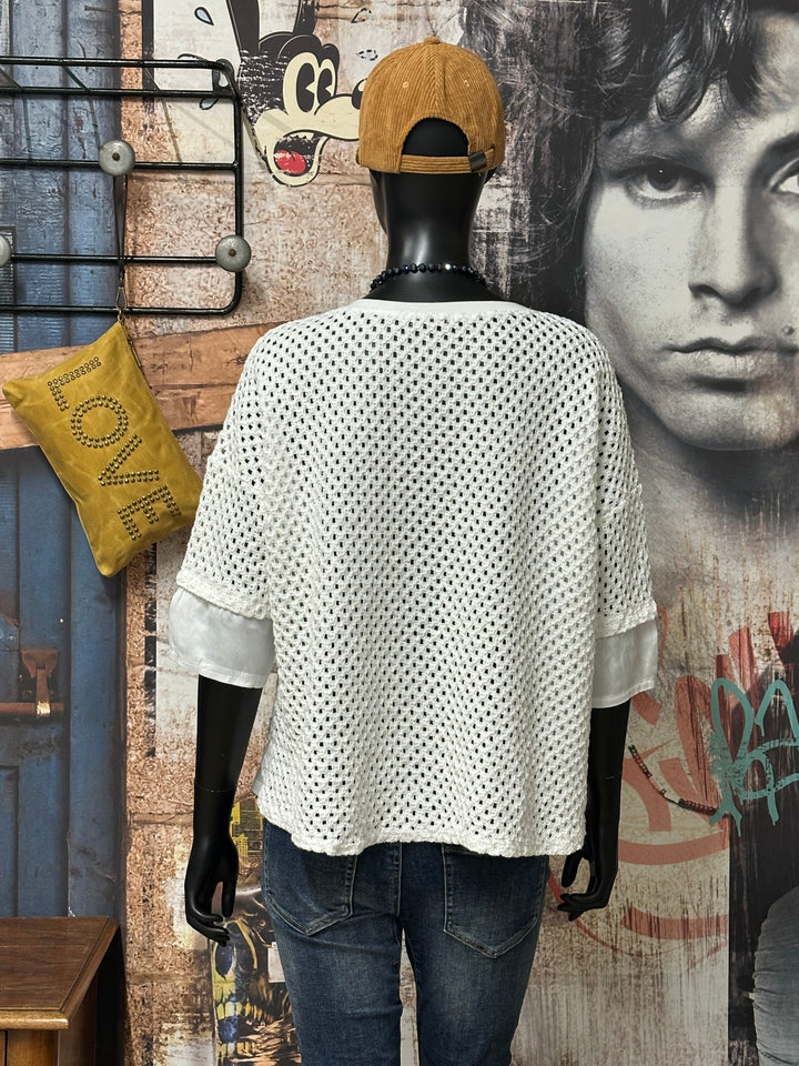 Kurzärmeliger Pullover aus durchbrochenem Strick und weißem Baumwollvoile (38/42)  MADE IN ITALY