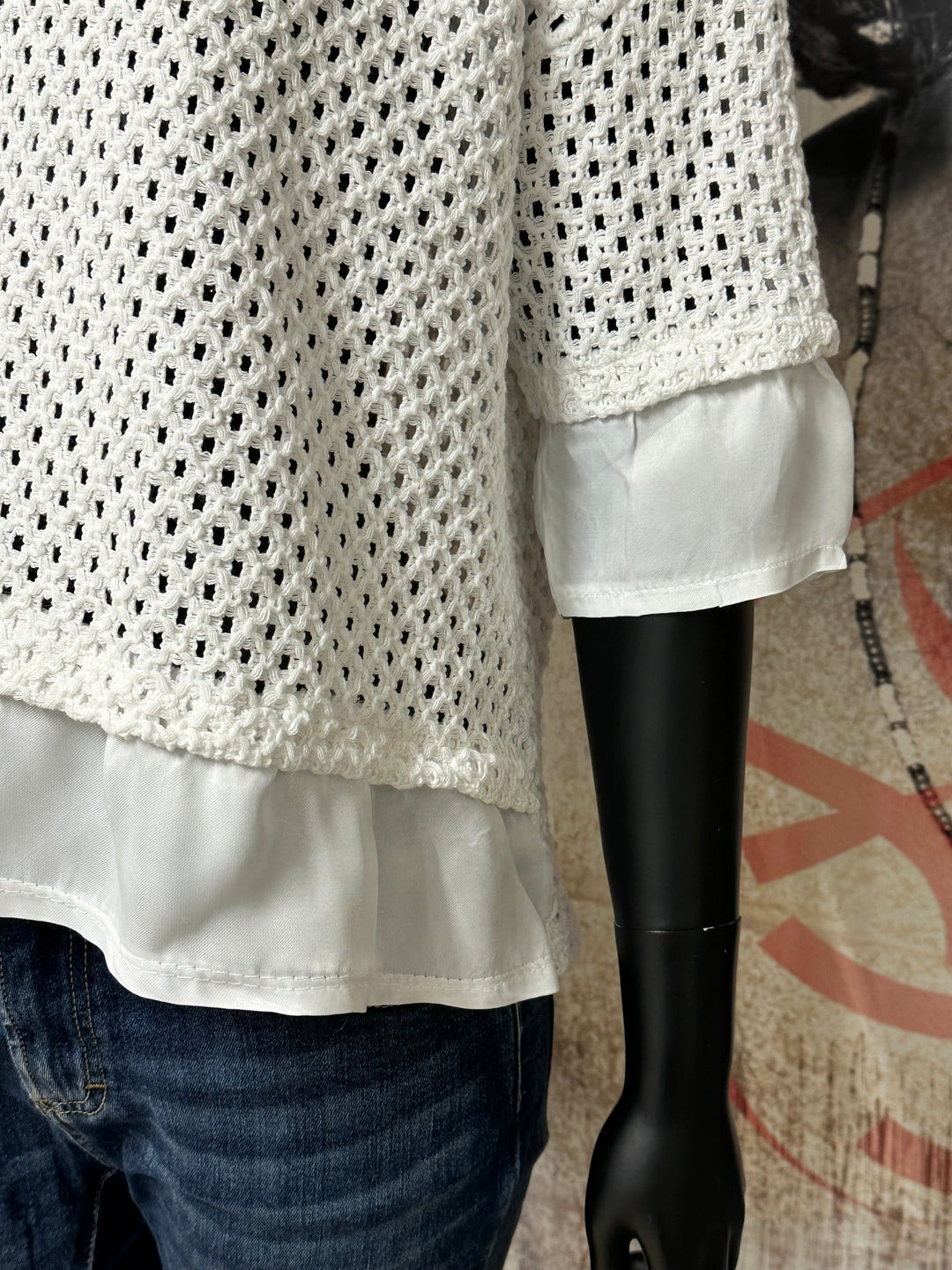 Kurzärmeliger Pullover aus durchbrochenem Strick und weißem Baumwollvoile (38/42)  MADE IN ITALY
