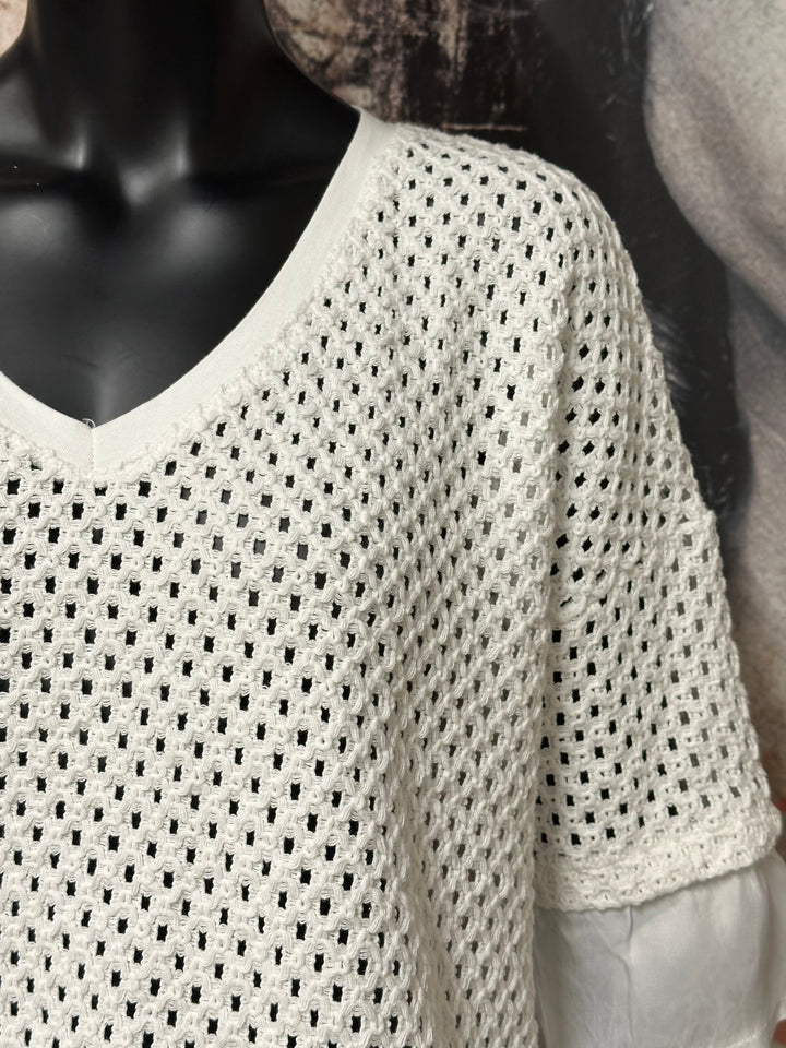 Kurzärmeliger Pullover aus durchbrochenem Strick und weißem Baumwollvoile (38/42)  MADE IN ITALY