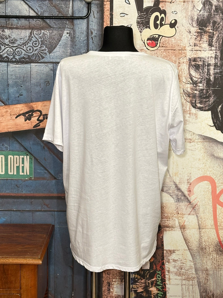 T-shirt blanc + size 100% coton col V "skull " tons vert, orange & violet