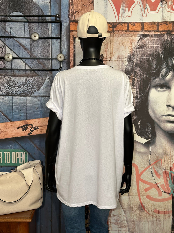 T-shirt blanc + size 100% coton col V "skull " tons vert, orange & violet
