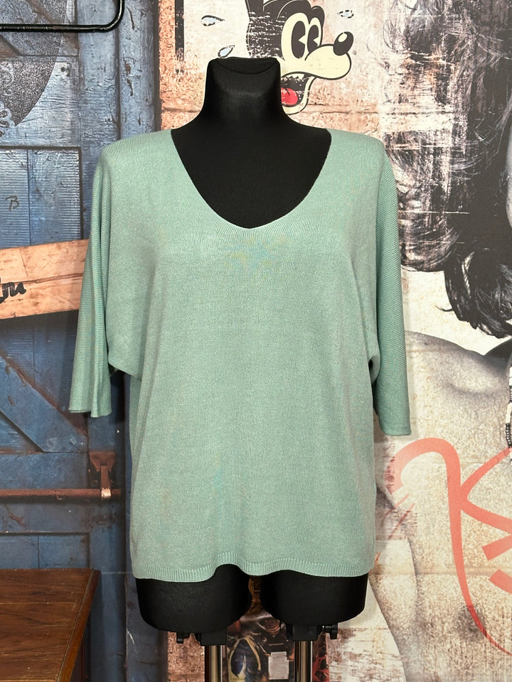 Pull fin manches 3/4 & col V vert amande