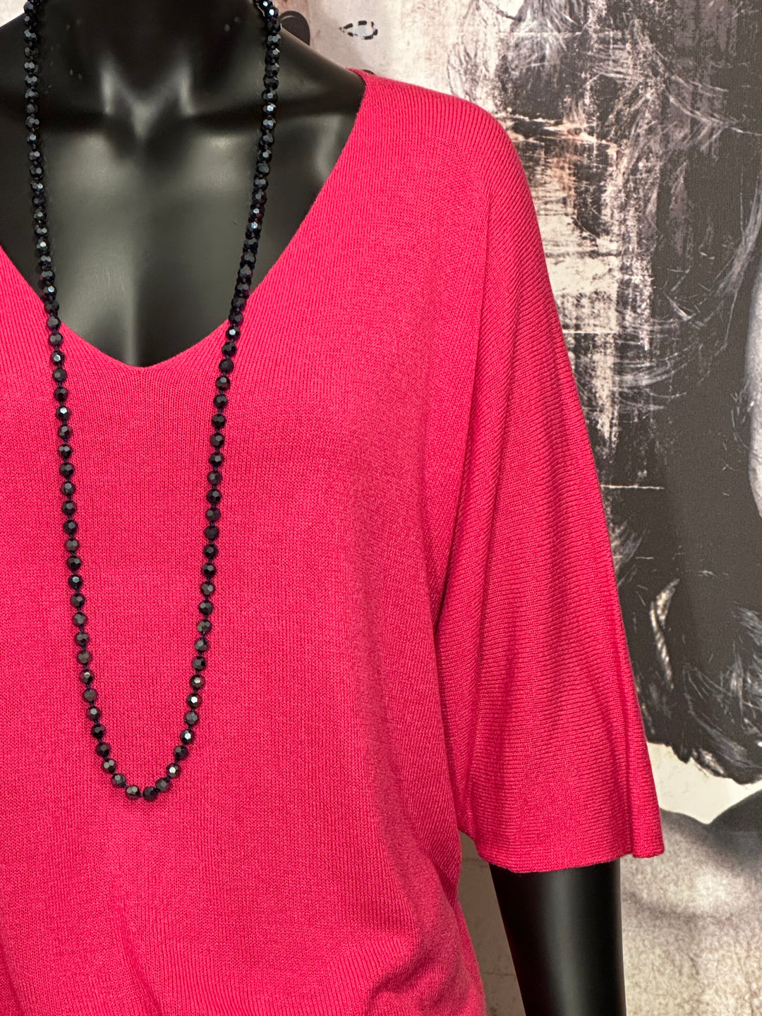 Pull fin manches 3/4 & col V fuchsia
