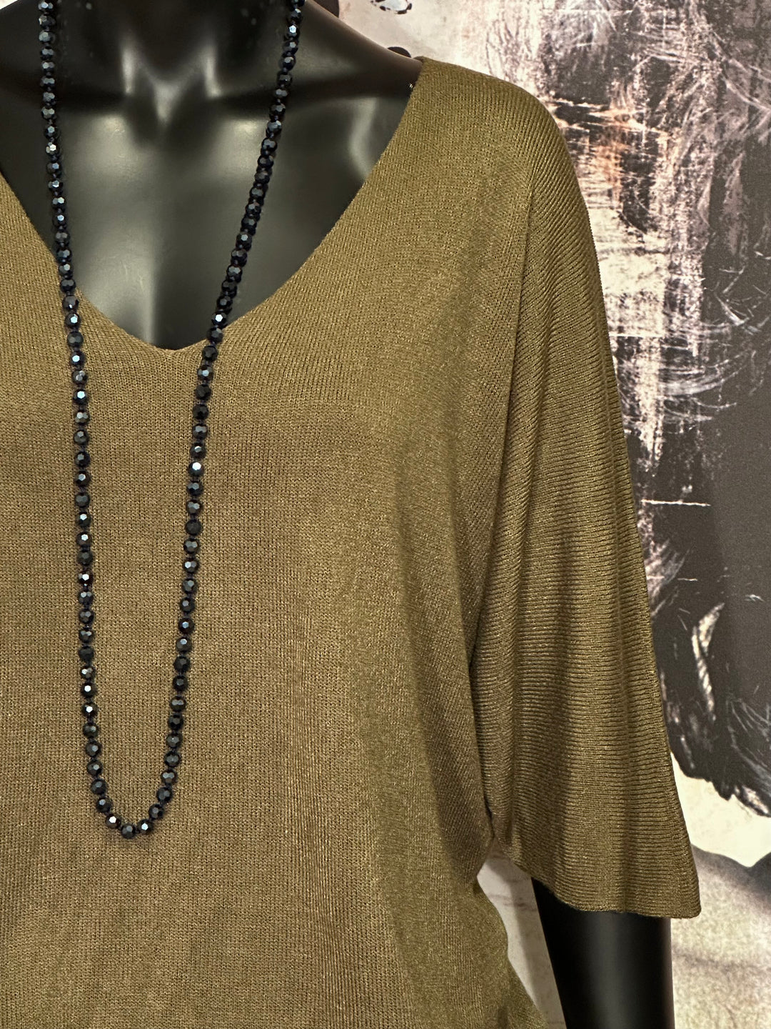 Pull fin manches 3/4 & col V kaki militaire