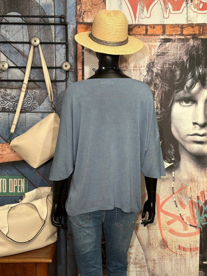 Pull fin manches 3/4 & col V bleu denim