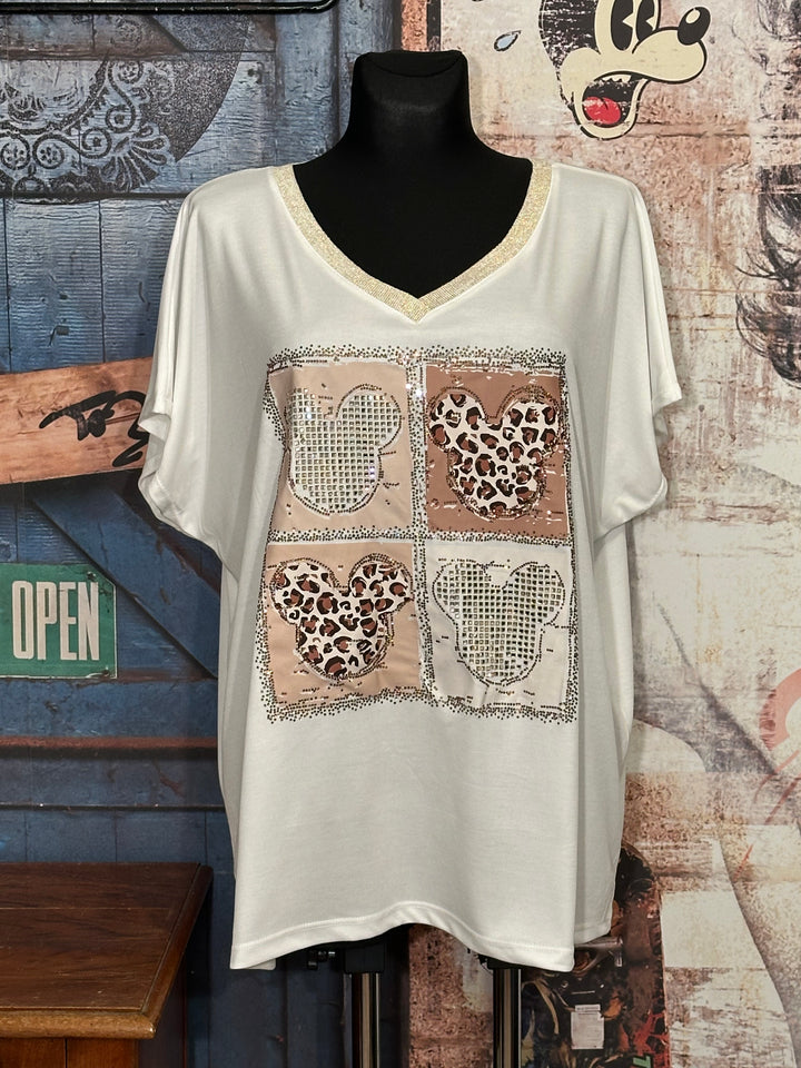 T-shirt + size col V lurex & strass "Mickey" blanc cassé