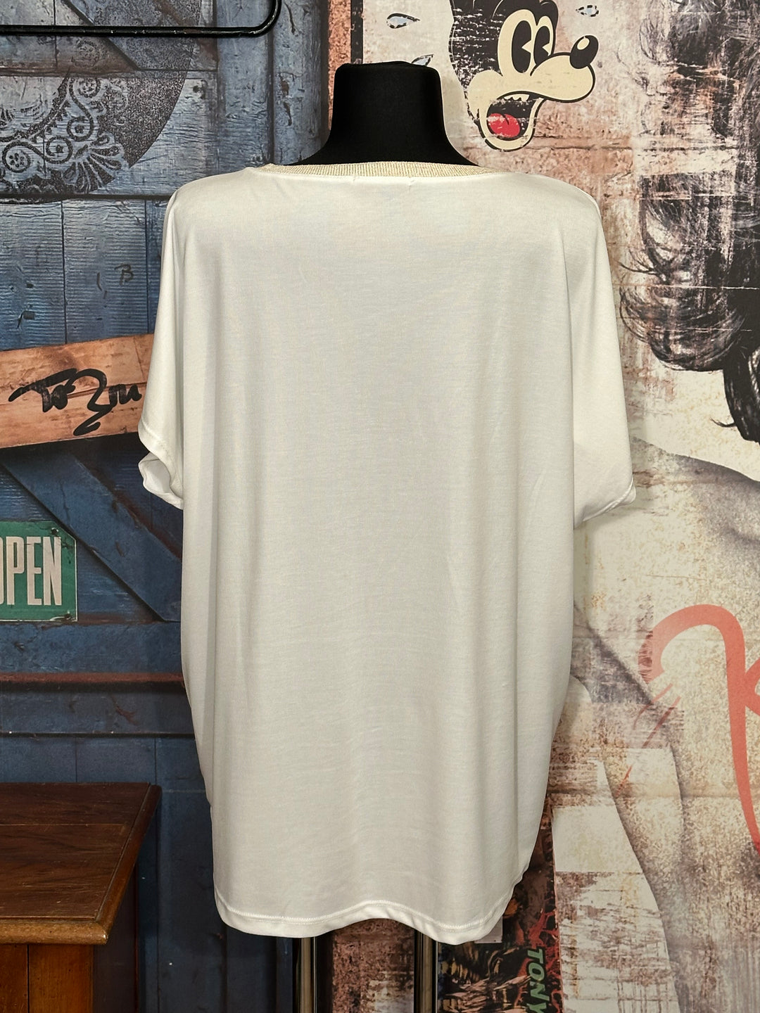 T-shirt + size col V lurex & strass "Mickey" blanc cassé
