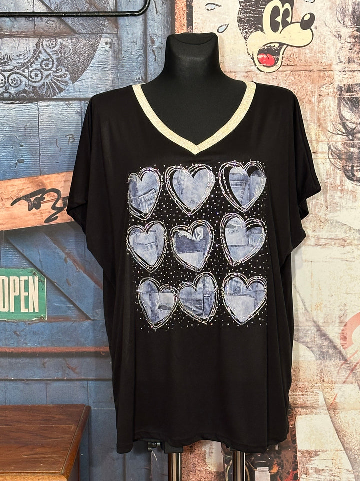 T-shirt + size col V lurex & strass "coeurs jean" noir