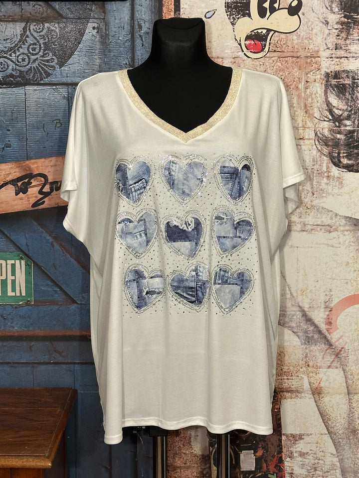 T-shirt + size col V lurex & strass "coeurs jean" blanc cassé