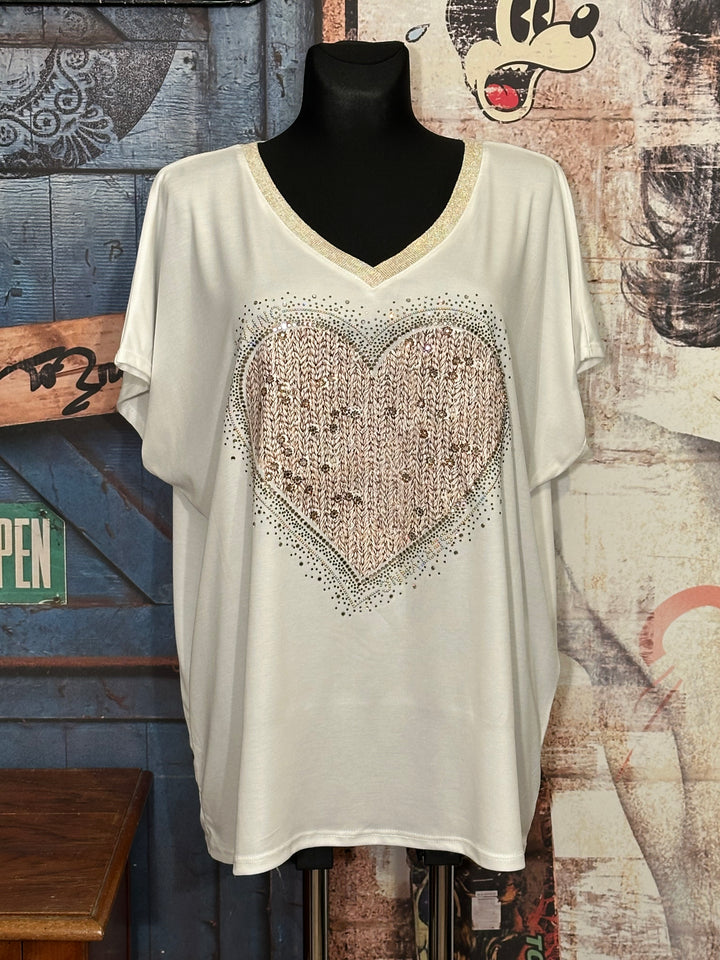 T-shirt + size col V lurex & strass "coeur" blanc cassé