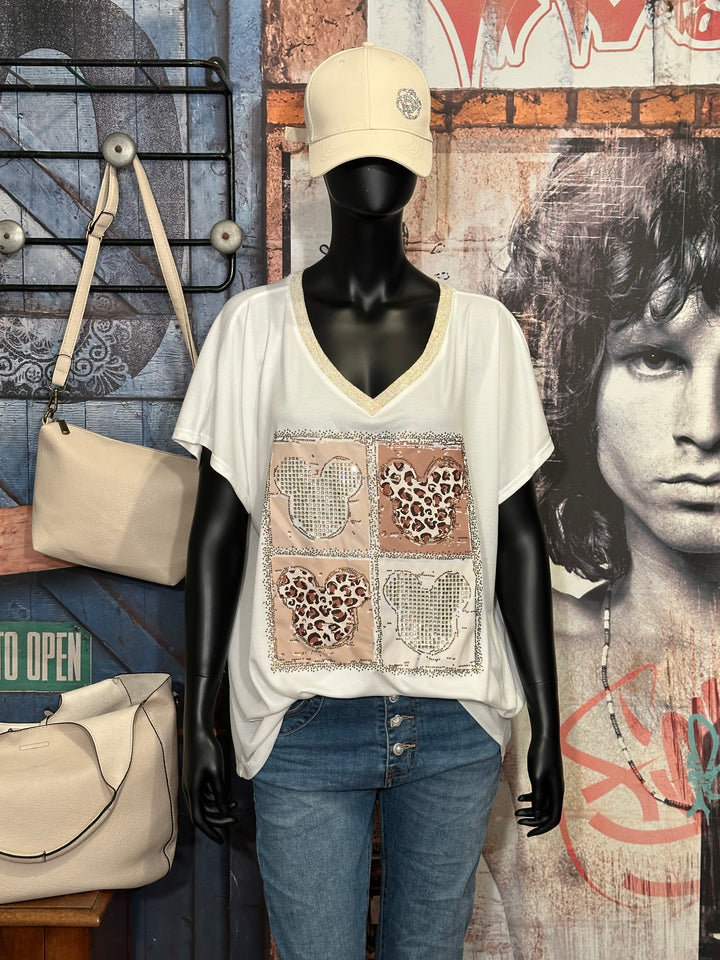 T-shirt + size col V lurex & strass "Mickey" blanc cassé