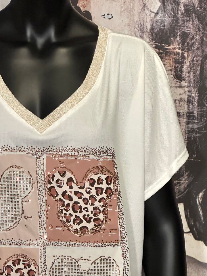 T-shirt + size col V lurex & strass "Mickey" blanc cassé