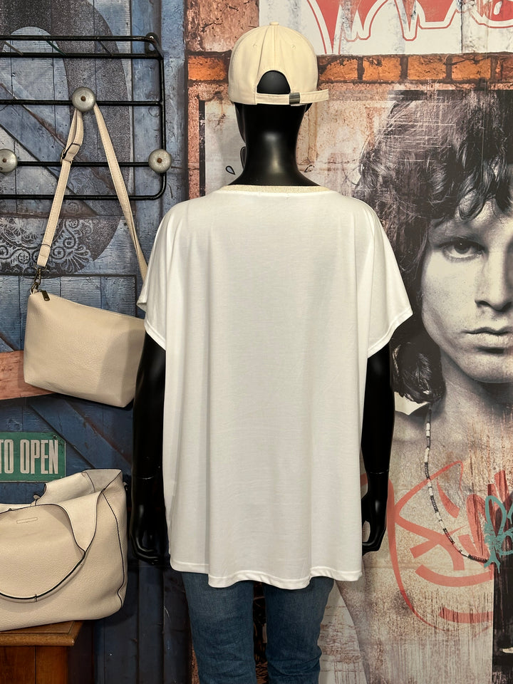 T-shirt + size col V lurex & strass "Mickey" blanc cassé