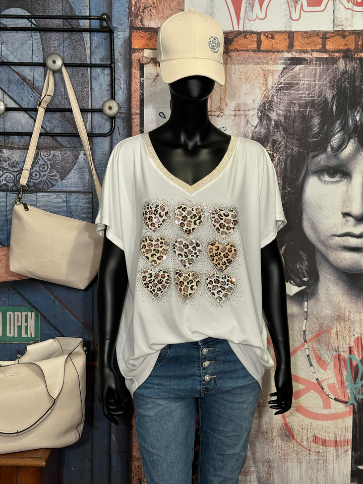 T-shirt + size col V lurex & strass "coeurs léo" blanc cassé