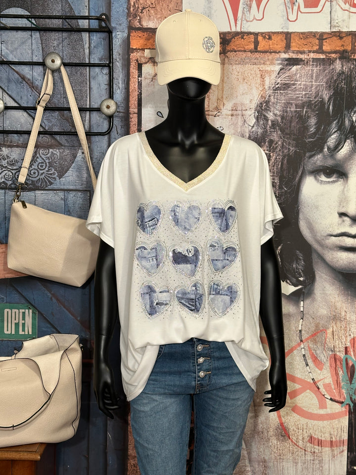 T-shirt + size col V lurex & strass "coeurs jean" blanc cassé