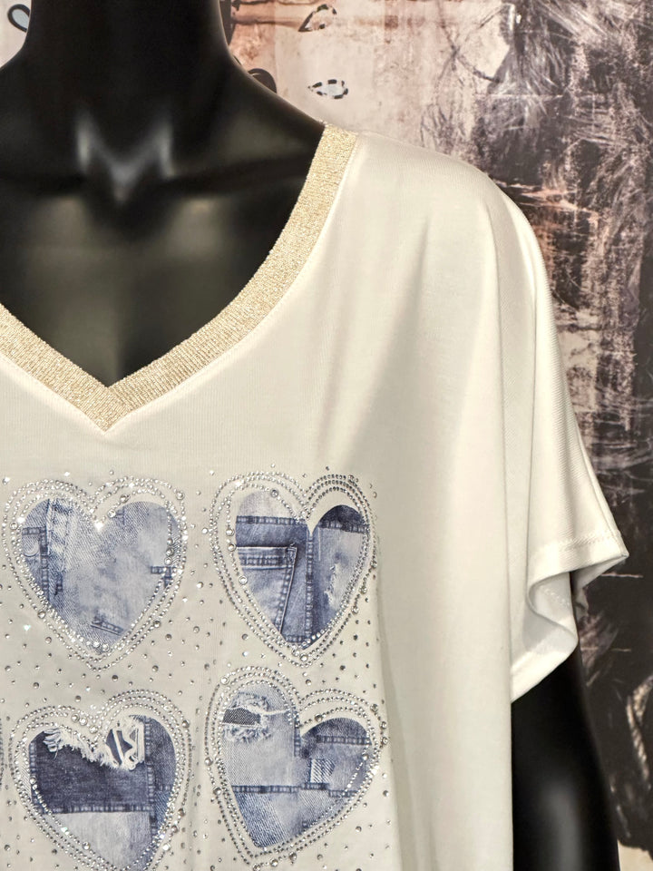 T-shirt + size col V lurex & strass "coeurs jean" blanc cassé