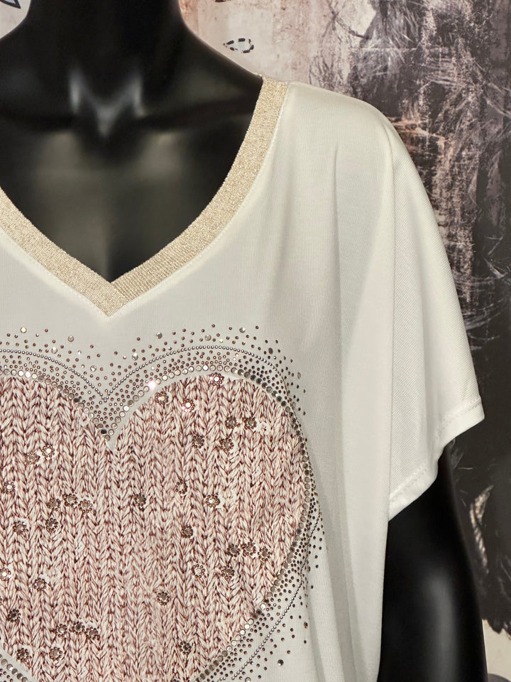 T-shirt + size col V lurex & strass "coeur" blanc cassé