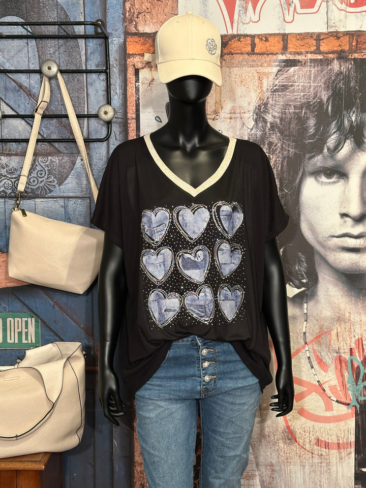 T-shirt + size col V lurex & strass "coeurs jean" noir
