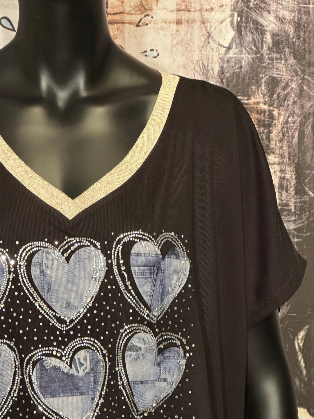 T-shirt + size col V lurex & strass "coeurs jean" noir