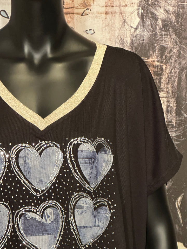 T-shirt + size col V lurex & strass "coeurs jean" noir