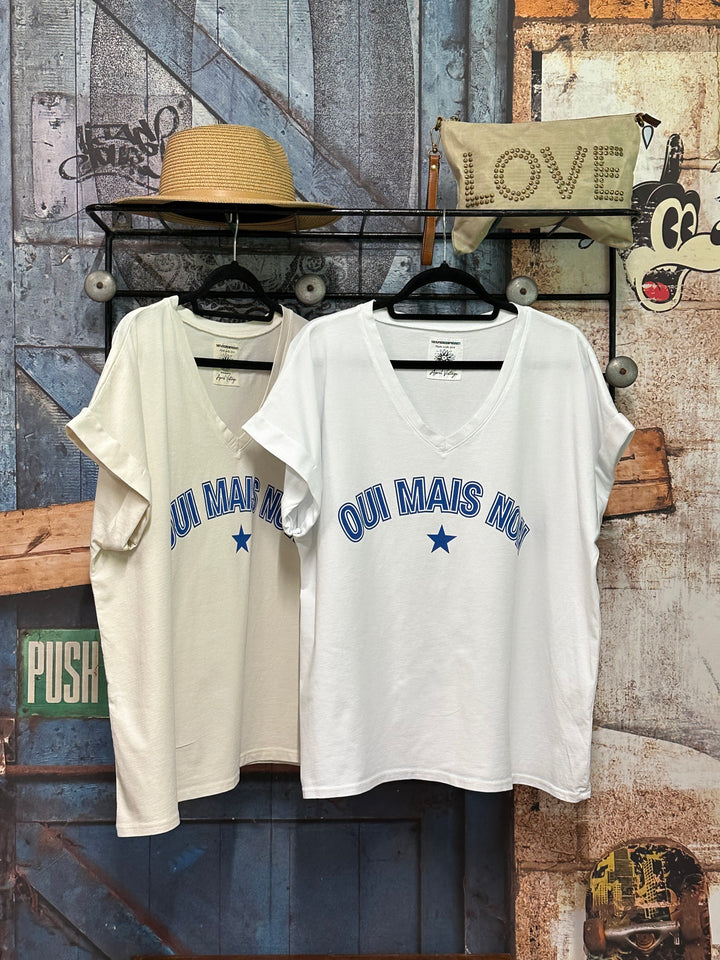 T-shirt oversize col V "oui mais non" (40/44) MADE IN ITALY