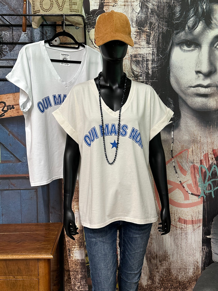 T-shirt oversize col V "oui mais non" (40/44) MADE IN ITALY