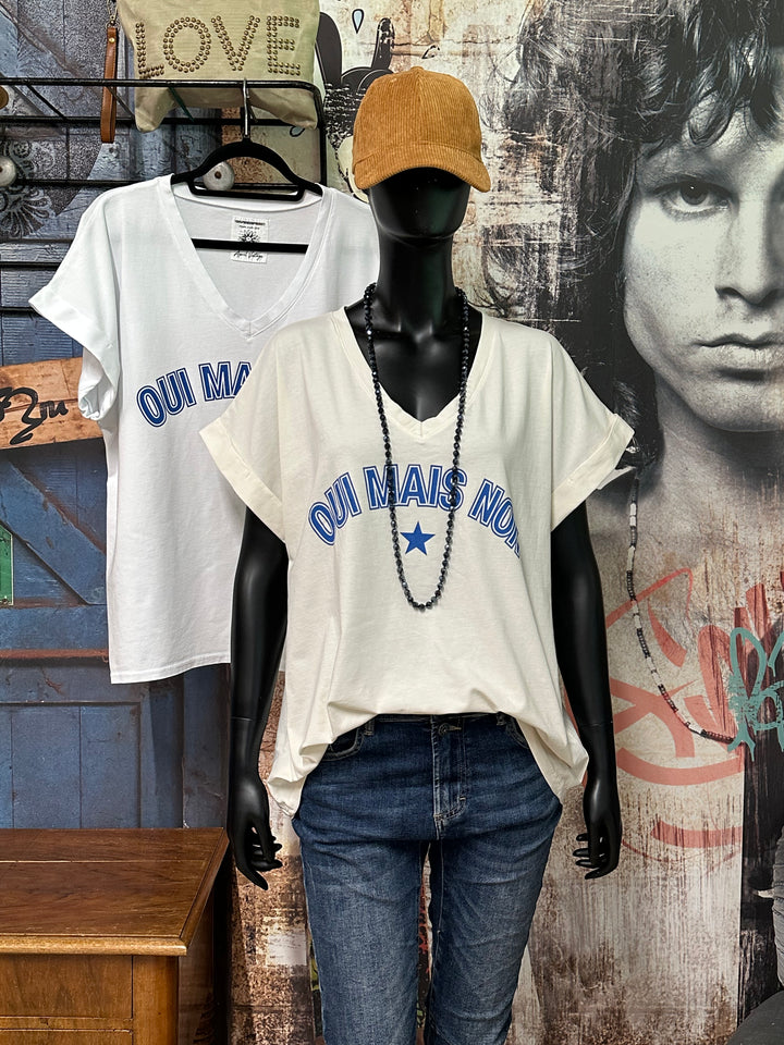 T-shirt oversize col V "oui mais non" (40/44) MADE IN ITALY
