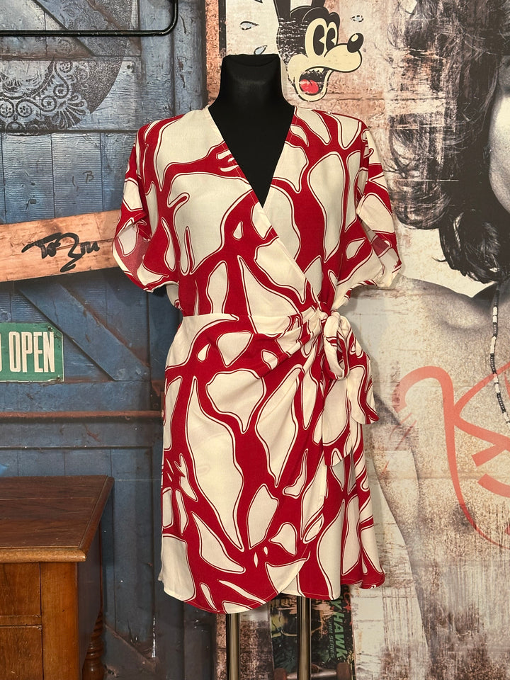 Robe cache-coeur 100% viscose "Mélania" blanc cassé & rouge cerise