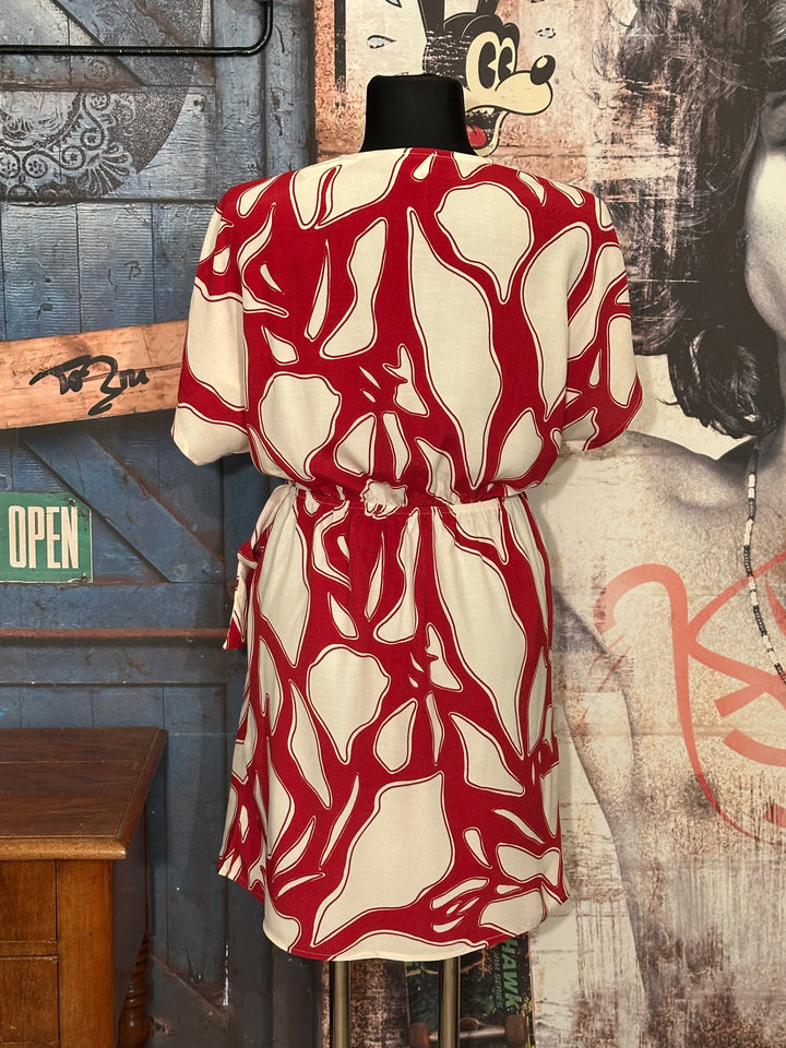 Robe cache-coeur 100% viscose "Mélania" blanc cassé & rouge cerise