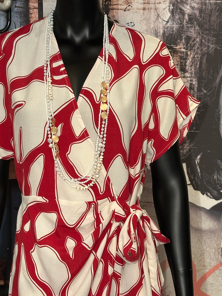 Robe cache-coeur 100% viscose "Mélania" blanc cassé & rouge cerise