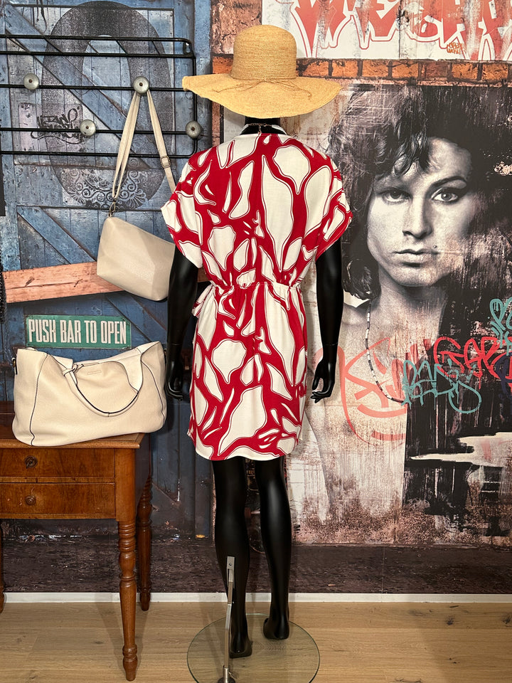 Robe cache-coeur 100% viscose "Mélania" blanc cassé & rouge cerise