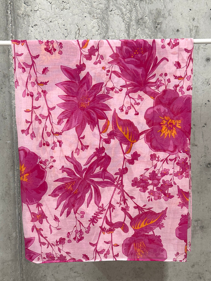 Foulard/étole fuchsia fleurs 100% coton