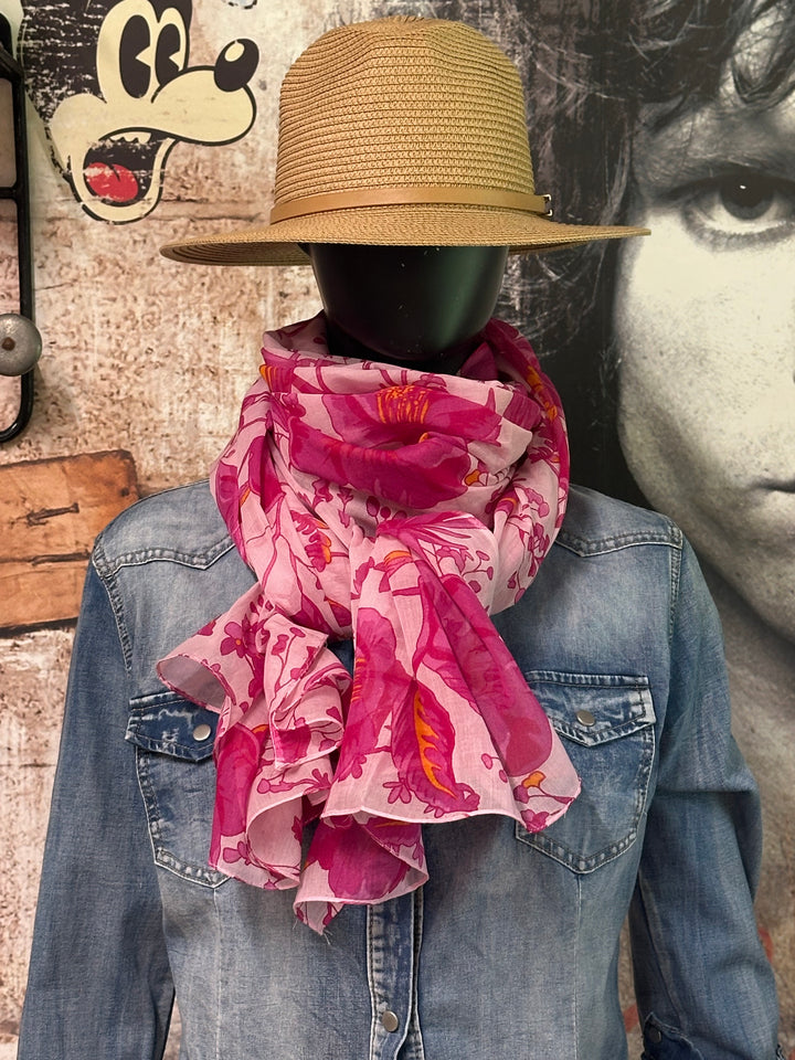 Foulard/étole fuchsia fleurs 100% coton
