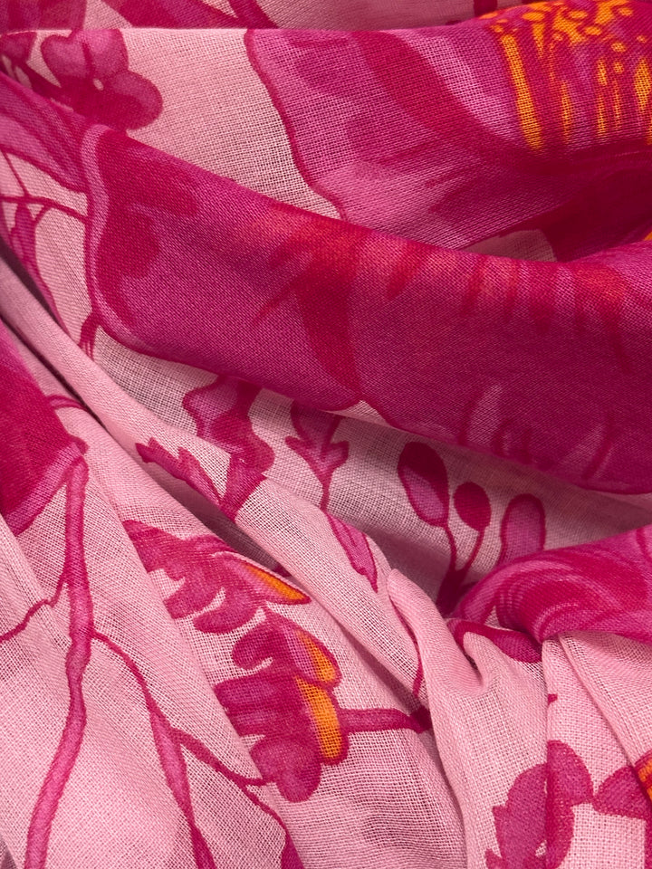 Foulard/étole fuchsia fleurs 100% coton