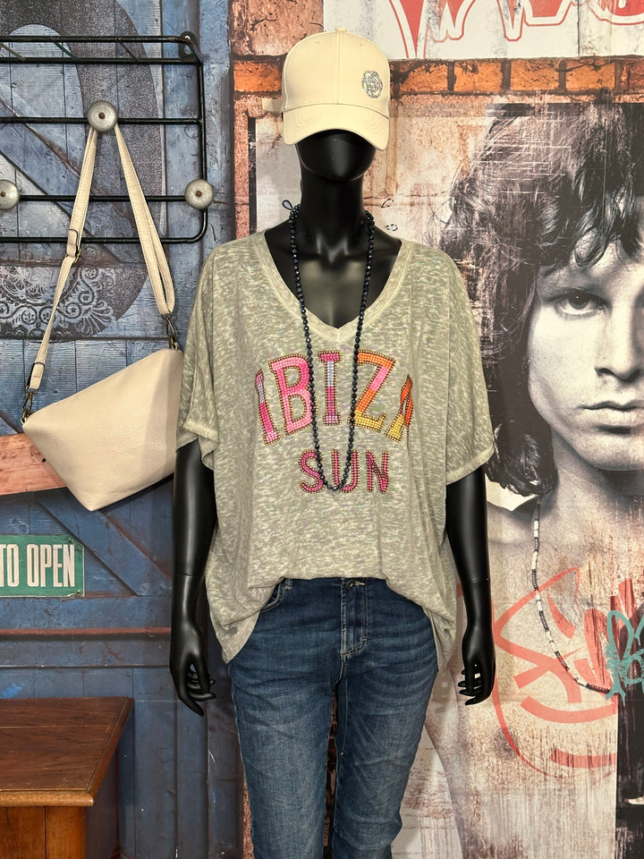 T-shirt + size col V "Ibiza sun" kaki clair chiné